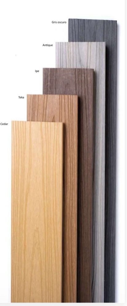 Muestras de composite en tonos Cedar, Teka, Ipe, Antique y Gris oscuro