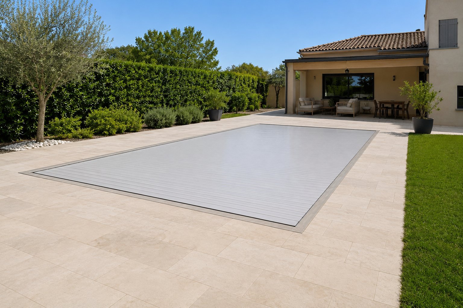 Piscina transitable cerrada formando terraza continua